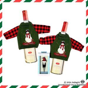 Wine Bottle Knitted Snowman Warm Wishes Sweater Covers + Santa Hat Stopper NEW!